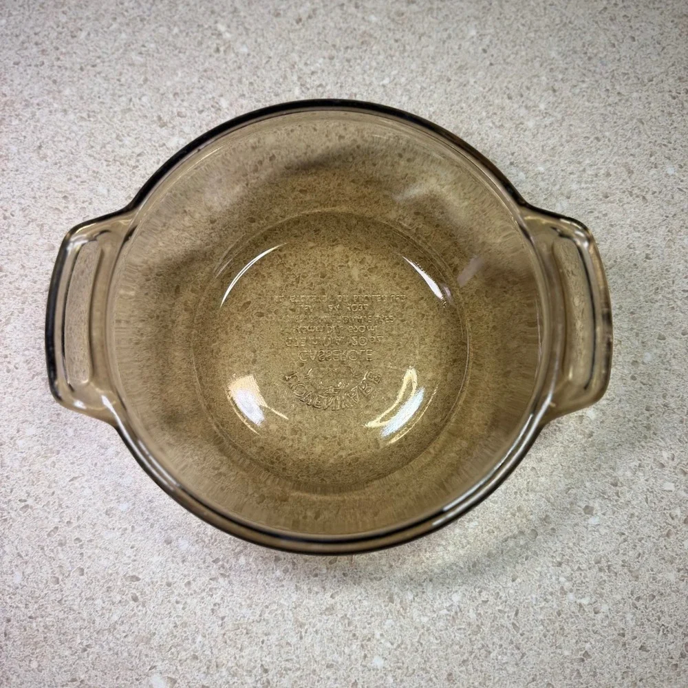 Vintage Lovenware Amber Glass Casserole Dish 20oz Round Brown Baking Pan USA